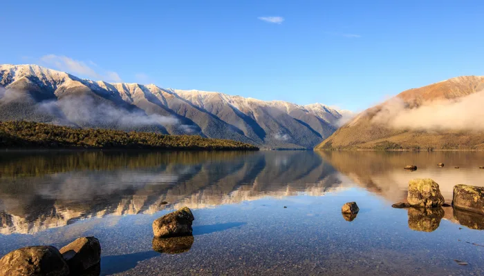 Morning reflections on Lake Rotoiti in Nelson Lakes National Park