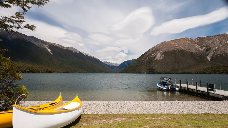 Canoes on shore of Lake Rotoiti Nelson Lakes National Park