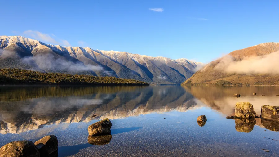 Morning reflections on Lake Rotoiti in Nelson Lakes National Park