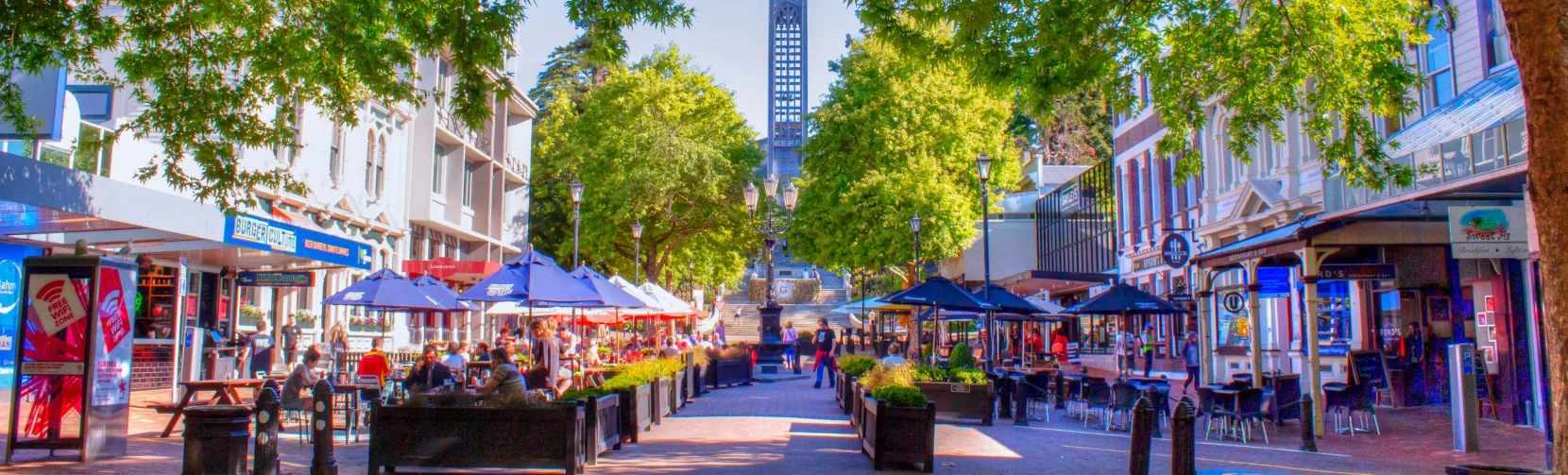 Trafalgar Street in Nelson New Zealand with outdoor dining and shops
