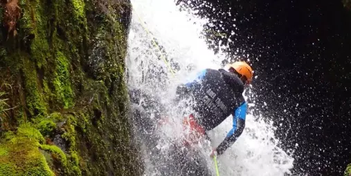 Canyoner abseiling beside a moss-covered waterfall in Waterfall Creek, Abel Tasman