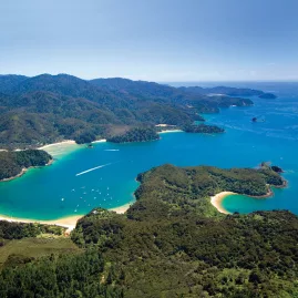 Aerial view of golden beaches and turquoise bays along the Abel Tasman coastline in New Zealand