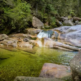Natural rock pool with clear green water and smooth boulders at Cleopatra's Pool in Abel Tasman National Park