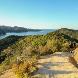 Two hikers walking along the Abel Tasman Coast Track with late afternoon sun over forested hills and sea