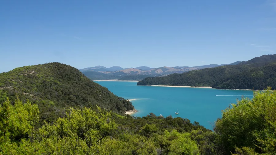 Scenic view over Astrolabe Roadstead in Abel Tasman National Park with turquoise water and bush-covered hills