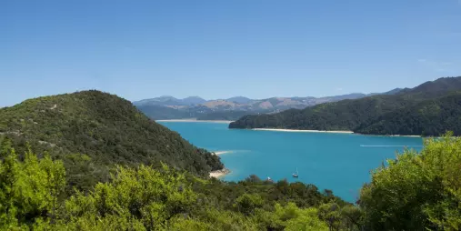 Scenic view over Astrolabe Roadstead in Abel Tasman National Park with turquoise water and bush-covered hills