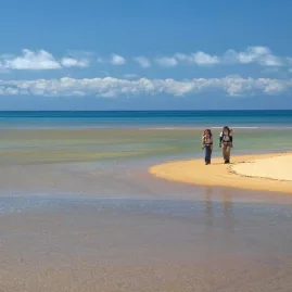 Two hikers walking along a golden sand spit with shallow tidal water in Abel Tasman National Park