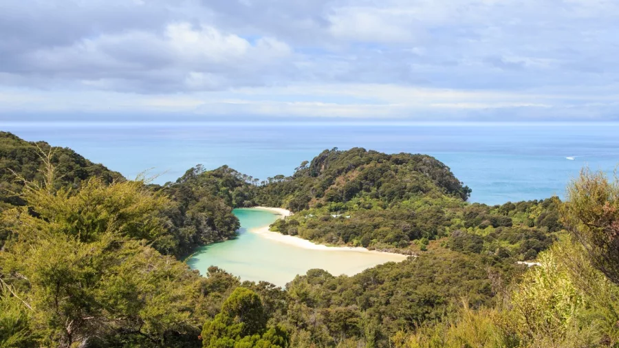 Aerial view over Frenchman’s Bay with native forest and a calm turquoise lagoon in Abel Tasman National Park