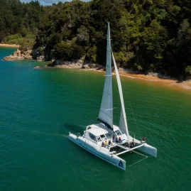 Catamaran cruising past native forest coastline in Abel Tasman National Park