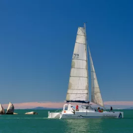 Catamaran sailing past Split Apple Rock in Abel Tasman National Park