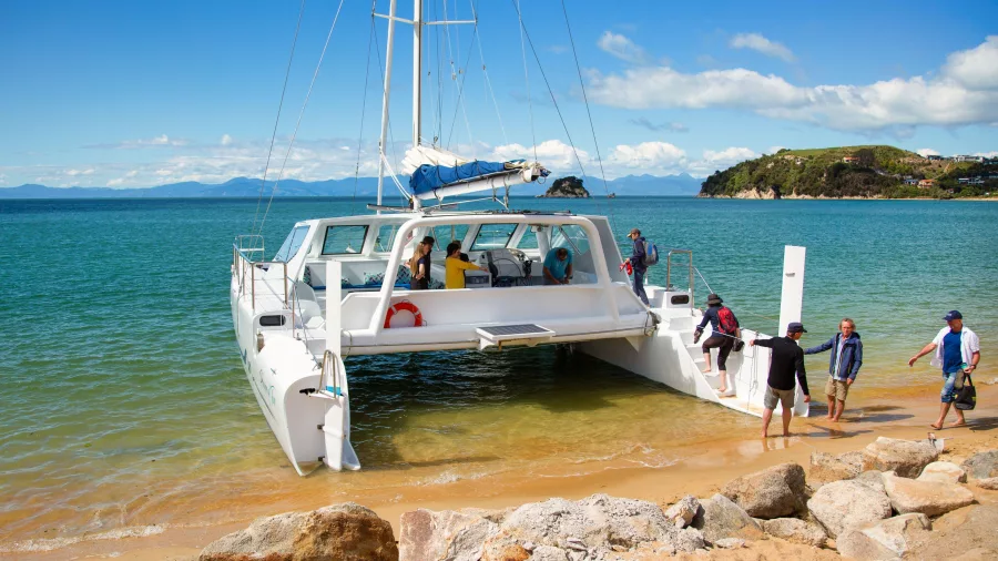 Catamaran anchored near the beach during a day sailing tour in Abel Tasman