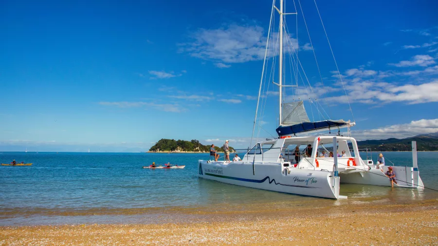 Catamaran and kayakers near the shore in Abel Tasman National Park