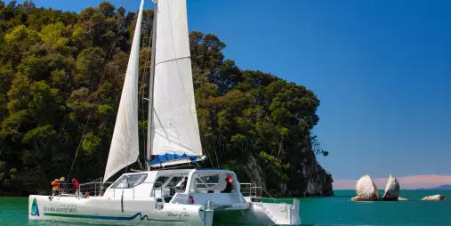 Catamaran sailing close to Split Apple Rock in Abel Tasman National Park