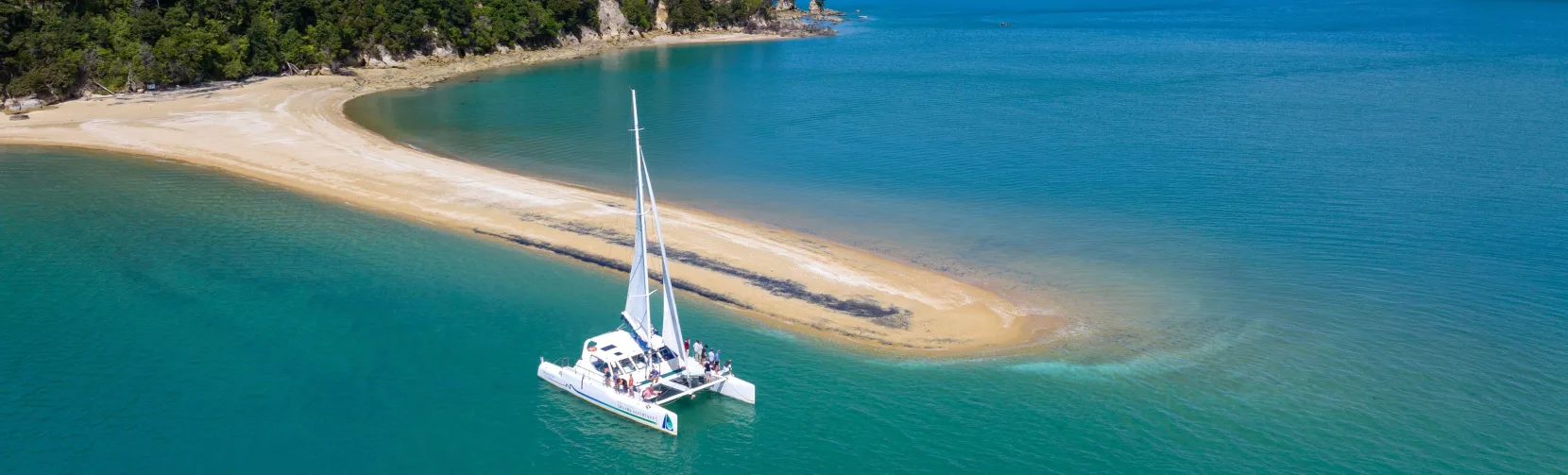 Catamaran anchored near Adele Island in Abel Tasman National Park