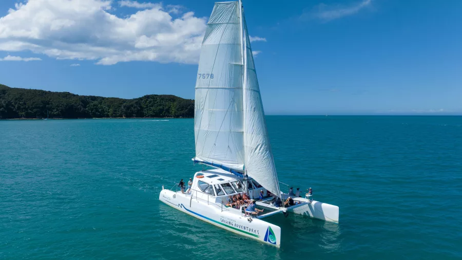 Catamaran sailing through clear blue waters off the Abel Tasman coast