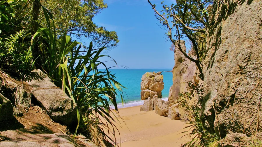Golden sand beach and rock archway in Abel Tasman National Park