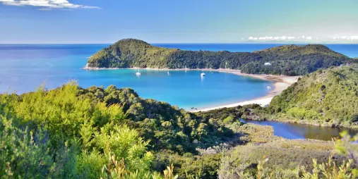 Scenic view of Totaranui Bay with anchored boats and lush forest in Abel Tasman National Park