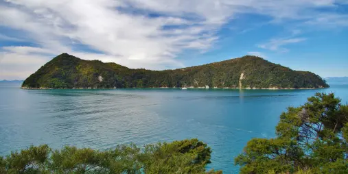 Adele Island seen from the Abel Tasman Coast Track surrounded by deep blue waters