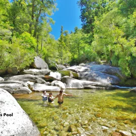 Visitors swimming in Cleopatra’s Pools at the base of the Torrent River in Abel Tasman National Park