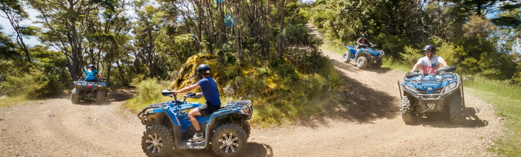 Riders on quad bikes navigating a forested dirt trail along the Bayview Circuit at Cable Bay Adventure Park.