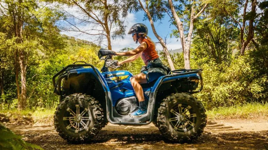 Person riding a quad bike through a leafy forest trail at Cable Bay Adventure Park in Nelson, New Zealand