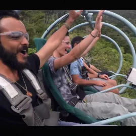 Close-up of excited riders on the Skywire experience at Cable Bay Adventure Park in Nelson