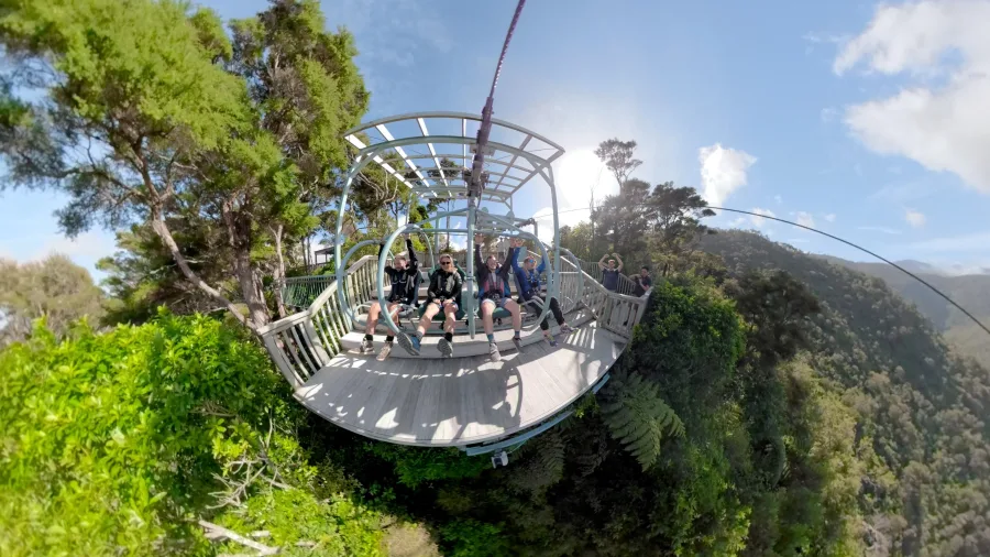 Group of people launching from the Skywire platform at Cable Bay Adventure Park surrounded by native forest