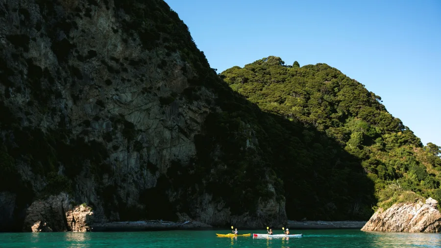 Three kayakers paddling near a rocky cliff face and forested headland in Golden Bay