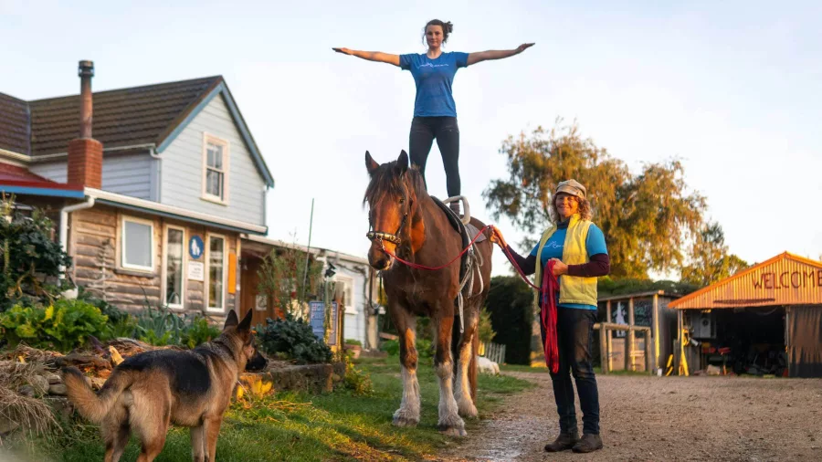 Woman balancing on a horse during a vaulting session at Hack Farm in Golden Bay