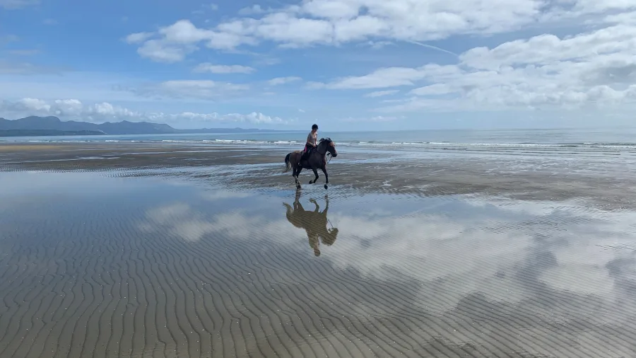 Horseback rider reflected in tidal water on the beach at Hack Farm in Golden Bay