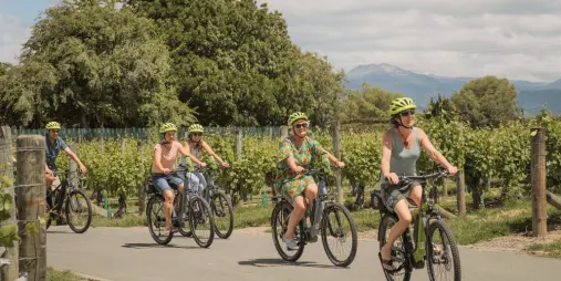 Group of cyclists riding e-bikes through vineyards near Nelson on a guided wine tour