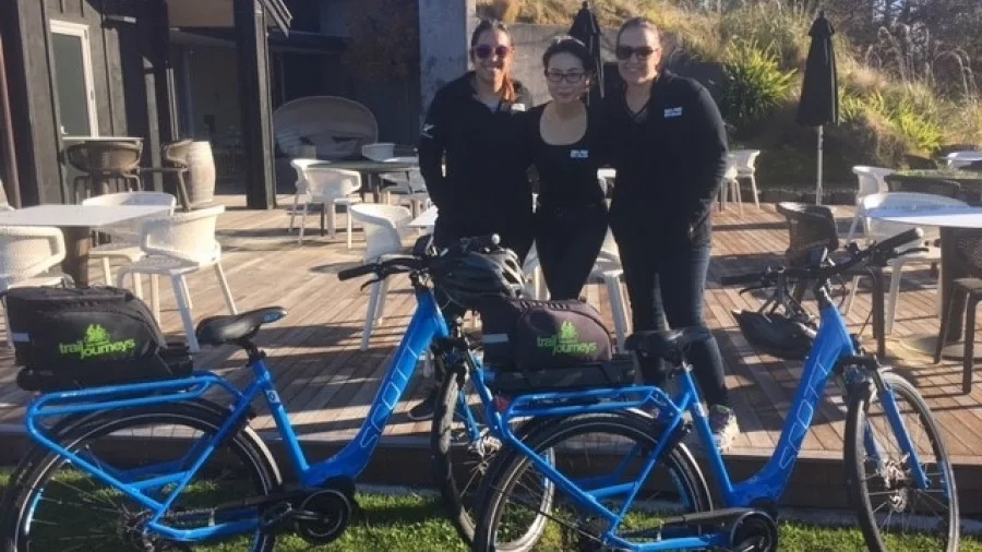 Tourism New Zealand team with Trail Journeys e-bikes at Moutere Hills Winery