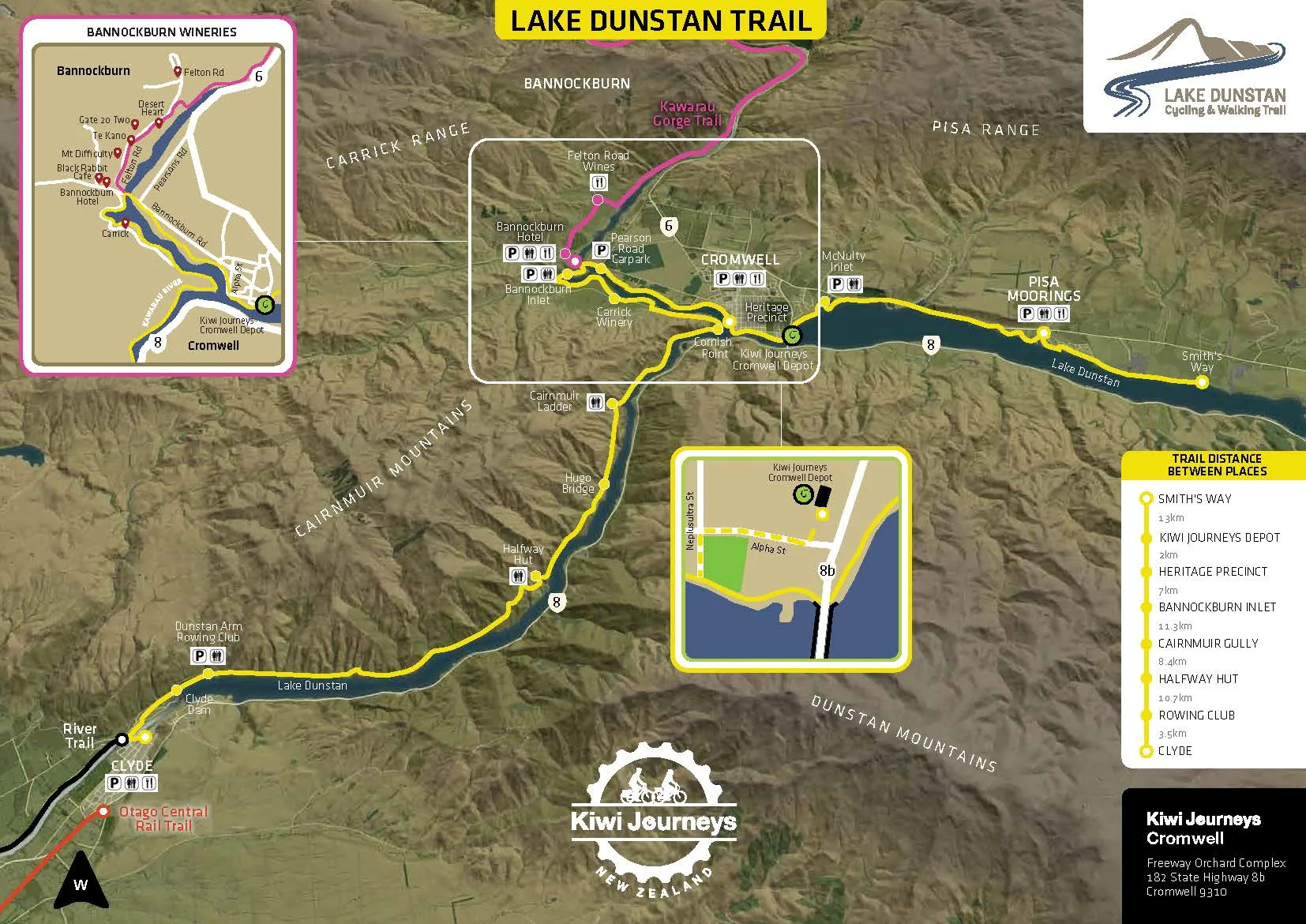 Lake Dunstan Trail map showing the cycling route between Cromwell and Clyde