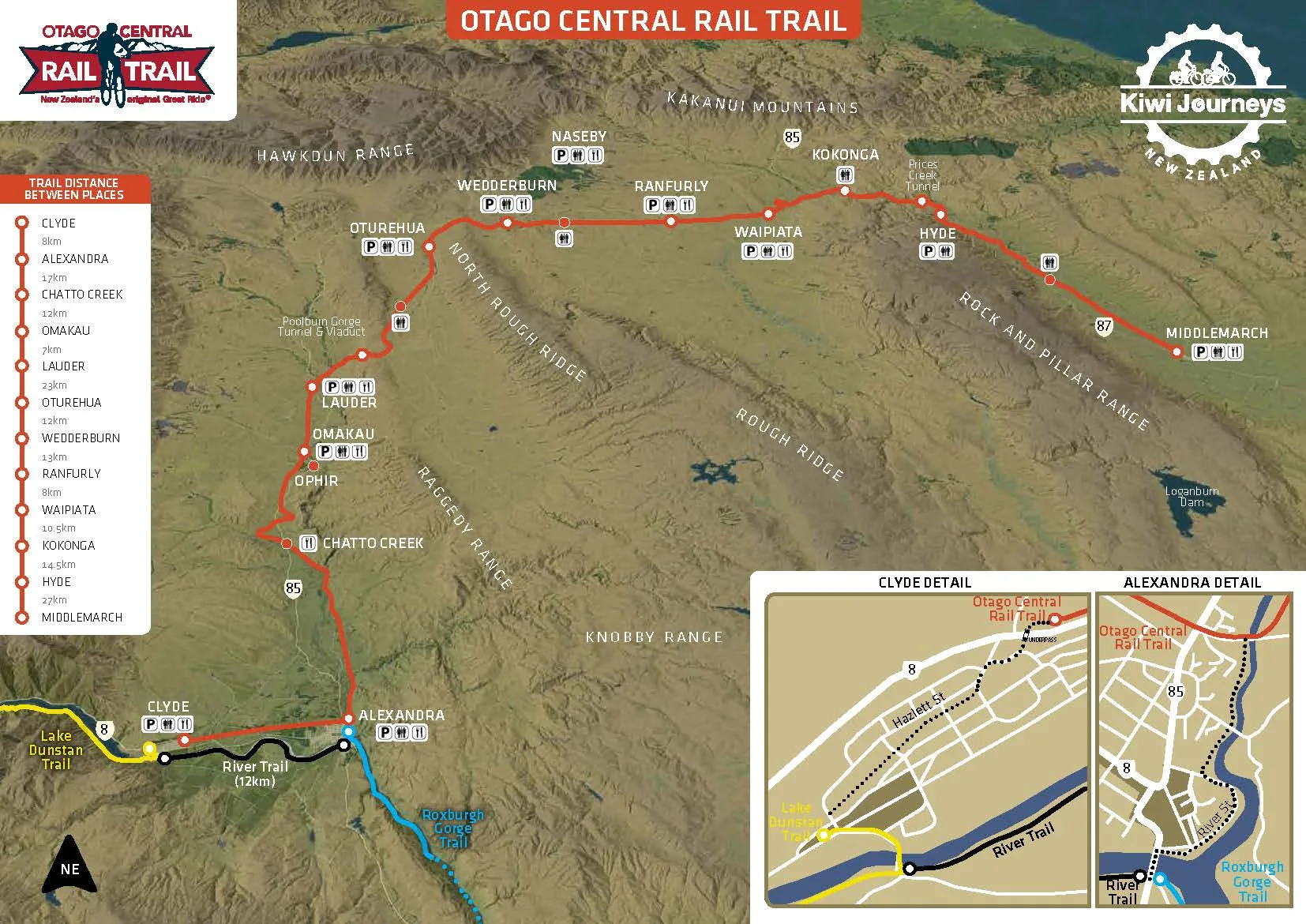 Otago Central Rail Trail map showing the cycling route from Middlemarch to Clyde
