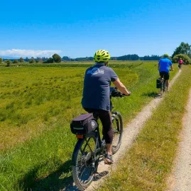 Cyclists riding e-bikes along a grassy countryside trail on the Nelson to Mapua route