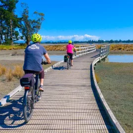 Cyclists riding on a boardwalk through tidal wetlands on the Nelson to Mapua trail