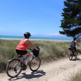 Two cyclists ride along a sandy trail beside the coast at Rabbit Island