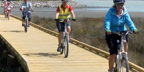 Family cycling along the boardwalk on the Great Taste Trail