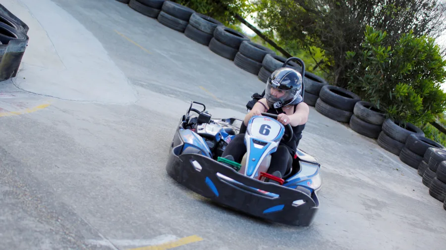 Solo driver navigating a sharp corner in kart number 6 at Pro Karts in Nelson