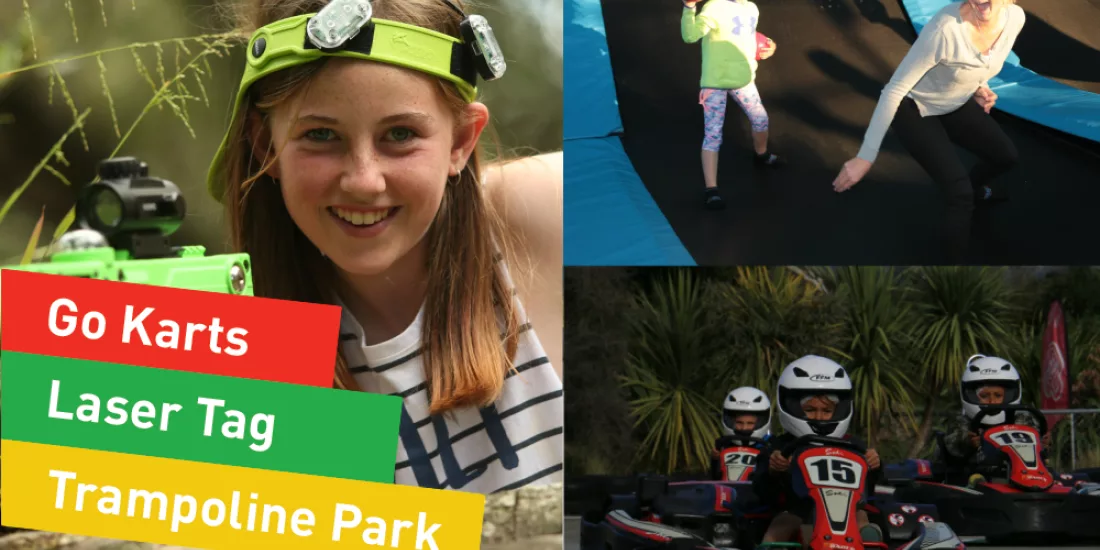 Promotional collage featuring laser tag, go karting for kids, and trampolining fun at Fun Karts in Nelson