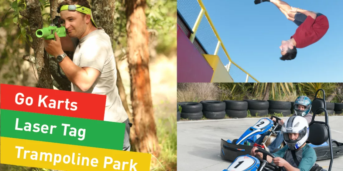 Promotional collage showing laser tag, go karting, and trampolining at Pro Karts in Nelson