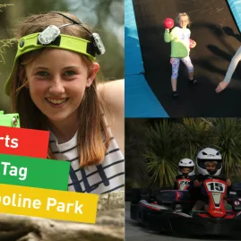 Promotional collage featuring laser tag, go karting for kids, and trampolining fun at Fun Karts in Nelson