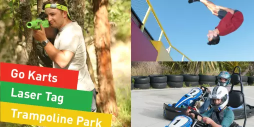Promotional collage showing laser tag, go karting, and trampolining at Pro Karts in Nelson