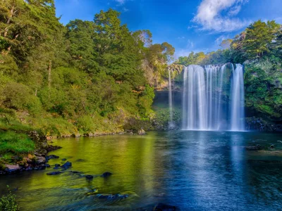 Scenic view of Waianiwaniwa Rainbow Falls cascading into a serene pool surrounded by lush greenery