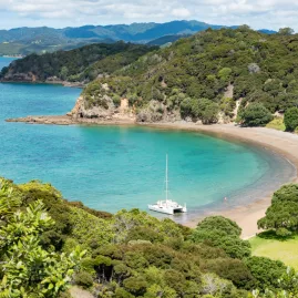 Catamaran anchored in Army Bay on Moturua Island in the Bay of Islands