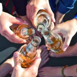 Friends toasting beer bottles during a barefoot sailing cruise in New Zealand