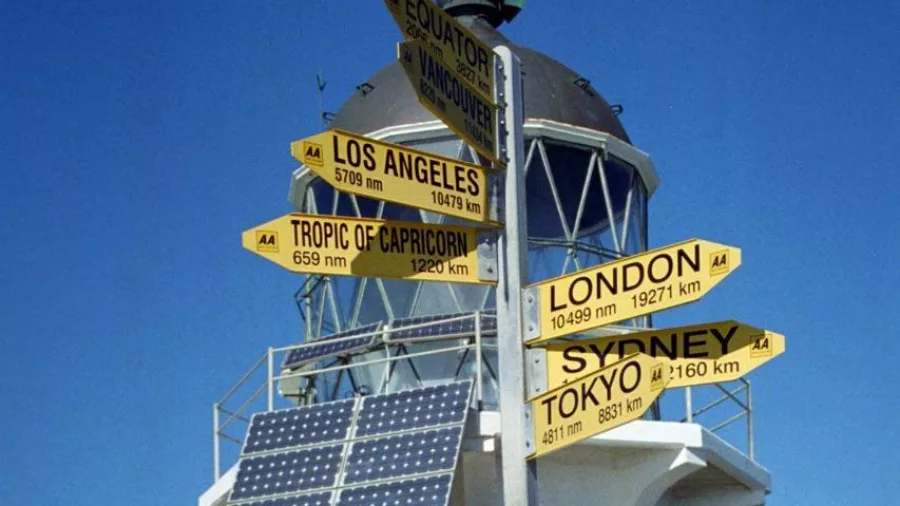 Distance signpost beside Cape Reinga Lighthouse pointing to major world cities