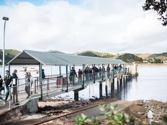 Cruise ship passengers disembarking onto a wharf in the Bay of Islands for a shore excursion