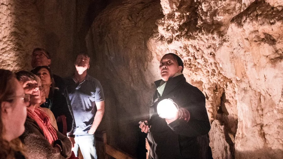 Guide holding a torch and leading a group through glow worm caves on a Bay of Islands tour