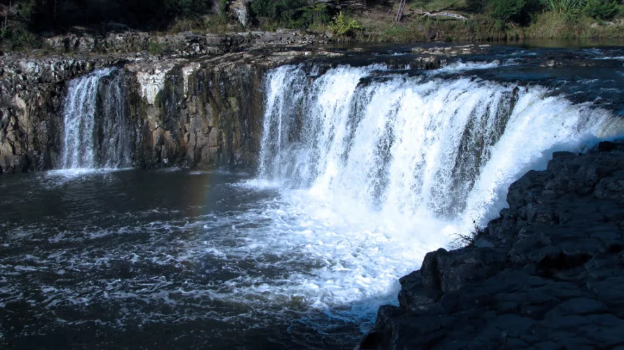 Scenic view of Haruru Falls with cascading water surrounded by native bush in the Bay of Islands